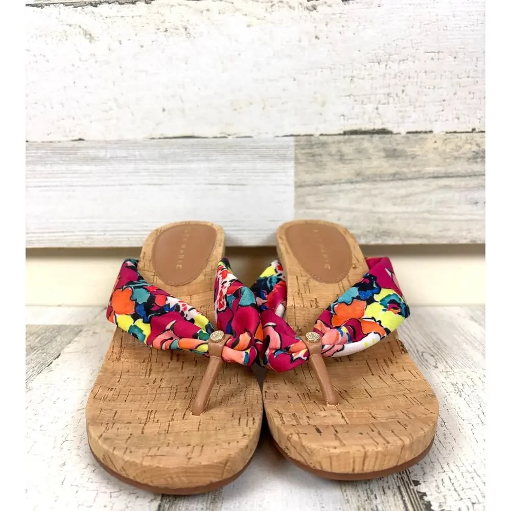 Alex Marie Womens 7.5 Multicolor Floral Fabric Cork Wedge Slip On Sandals NEW
